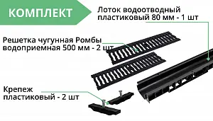 Комплект: Лоток Европартнер 80 мм с чугунными решетками "Ромбы" 1 метр 4
