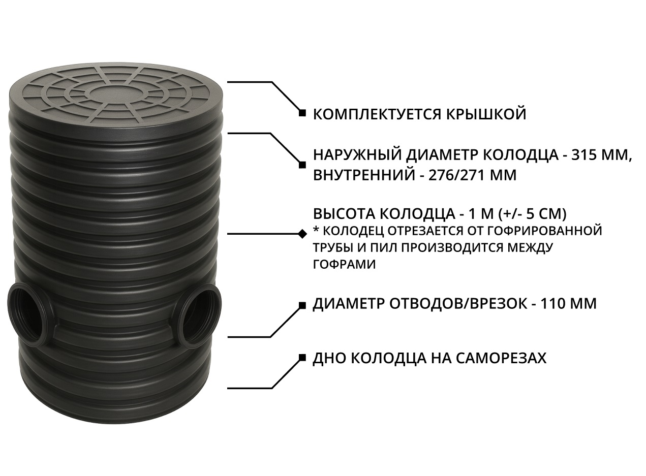 Дренажный колодец d315 h1000 с черной крышкой (отводы 110 мм) 1