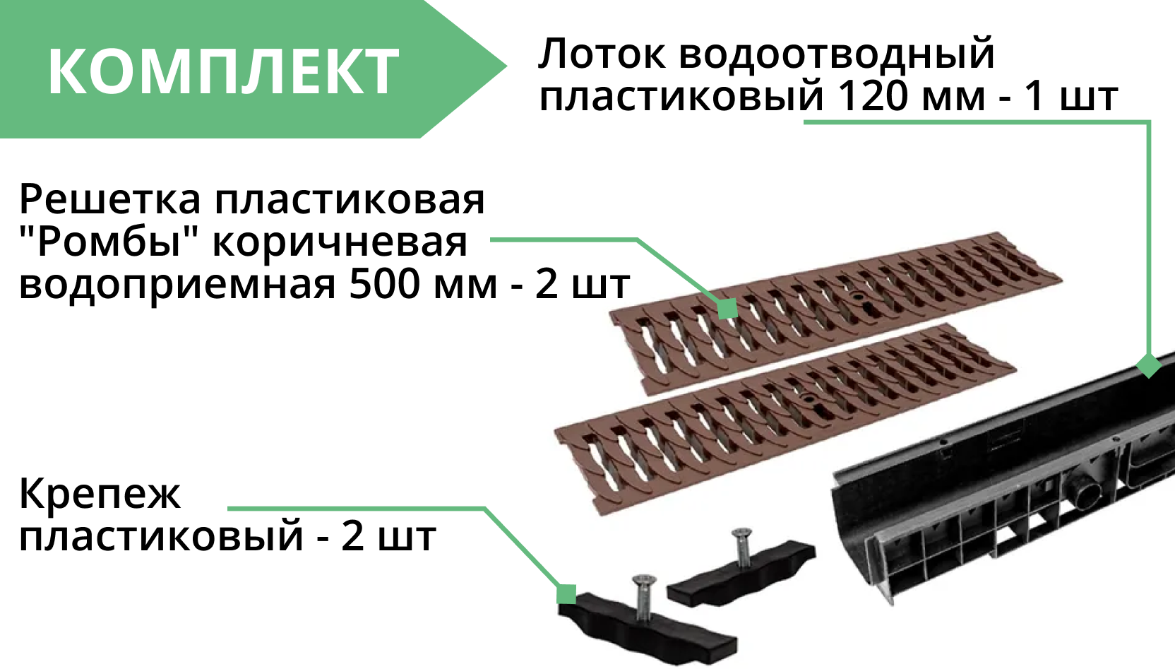 Комплект: Лоток Европартнер 120 мм с пластиковыми решетками коричневыми "Ромбы" 1 метр 3