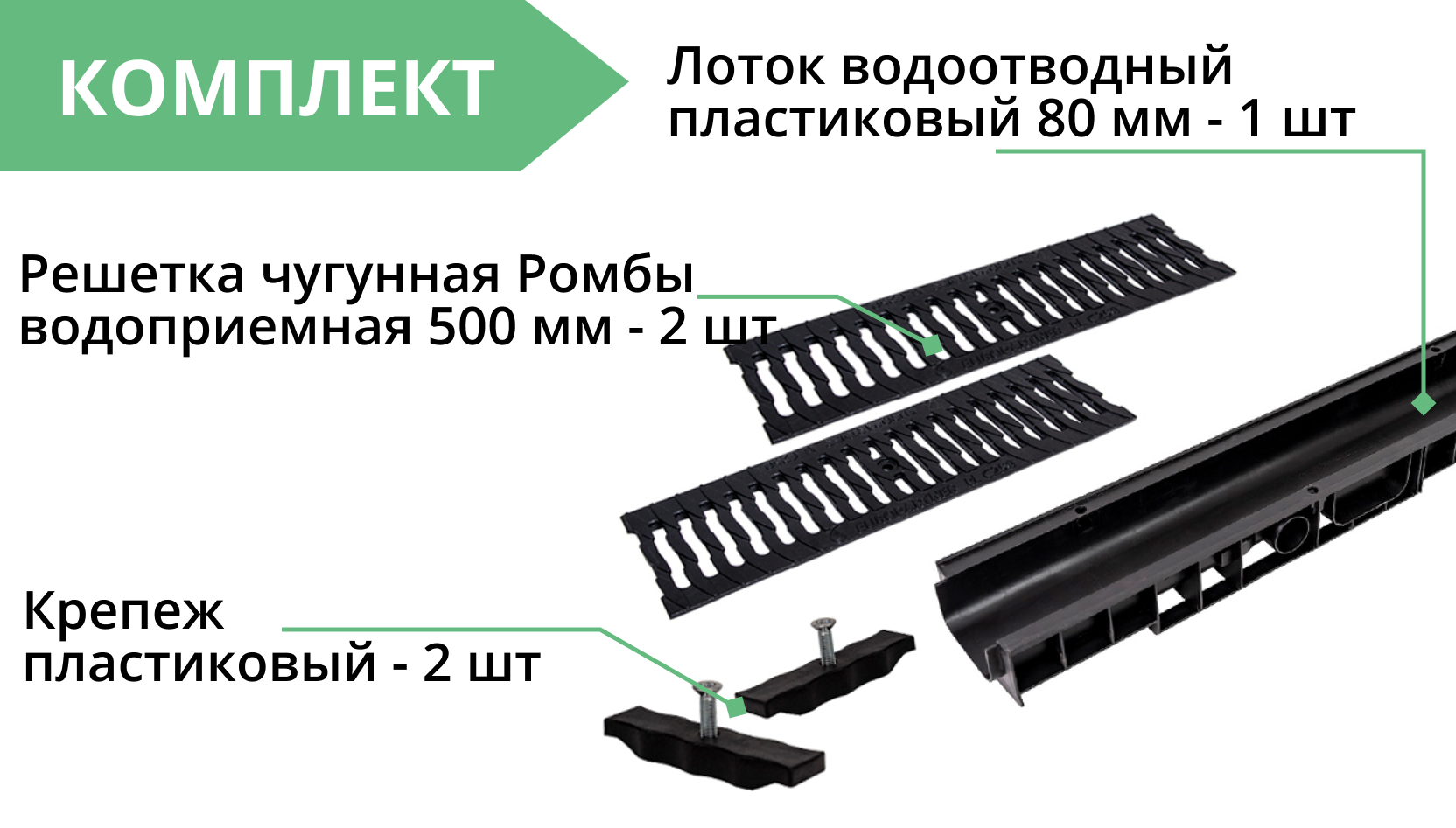 Комплект: Лоток Европартнер 80 мм с чугунными решетками "Ромбы" 1 метр 3