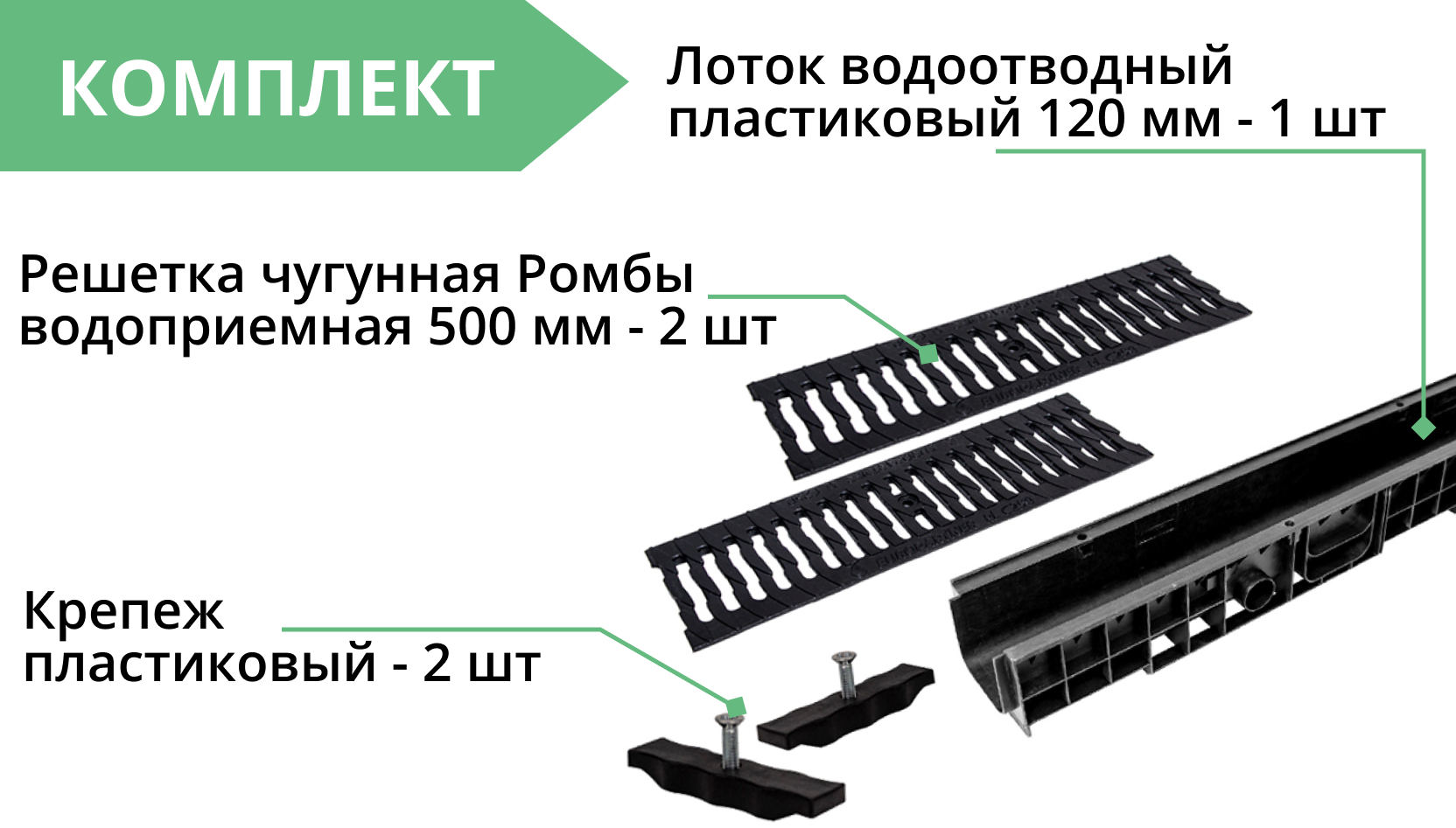 Комплект: Лоток Европартнер 120 мм с чугунными решетками "Ромбы" 1 метр 3