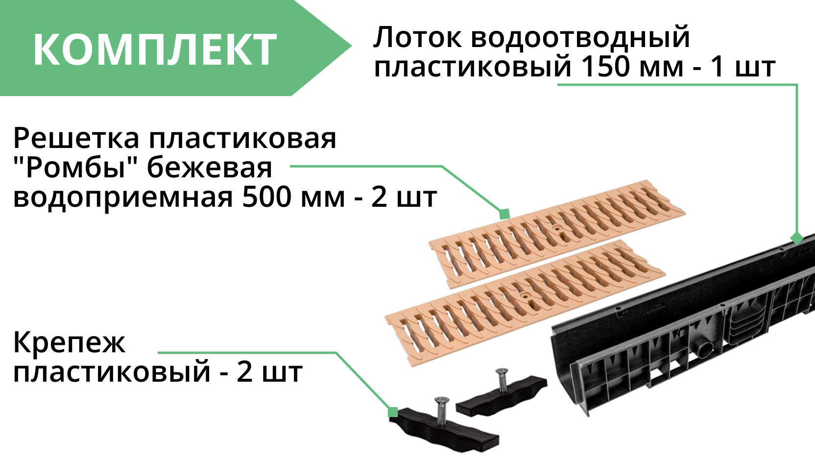 Комплект: Лоток Европартнер 150 мм с пластиковыми решетками бежевыми "Ромбы" 1 метр 3