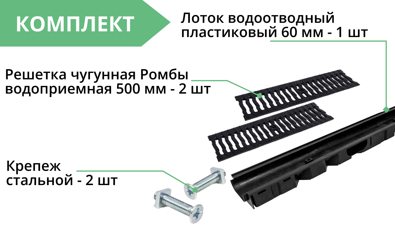 Комплект: Лоток Европартнер 60 мм с чугунными решетками "Ромбы" 1 метр 3