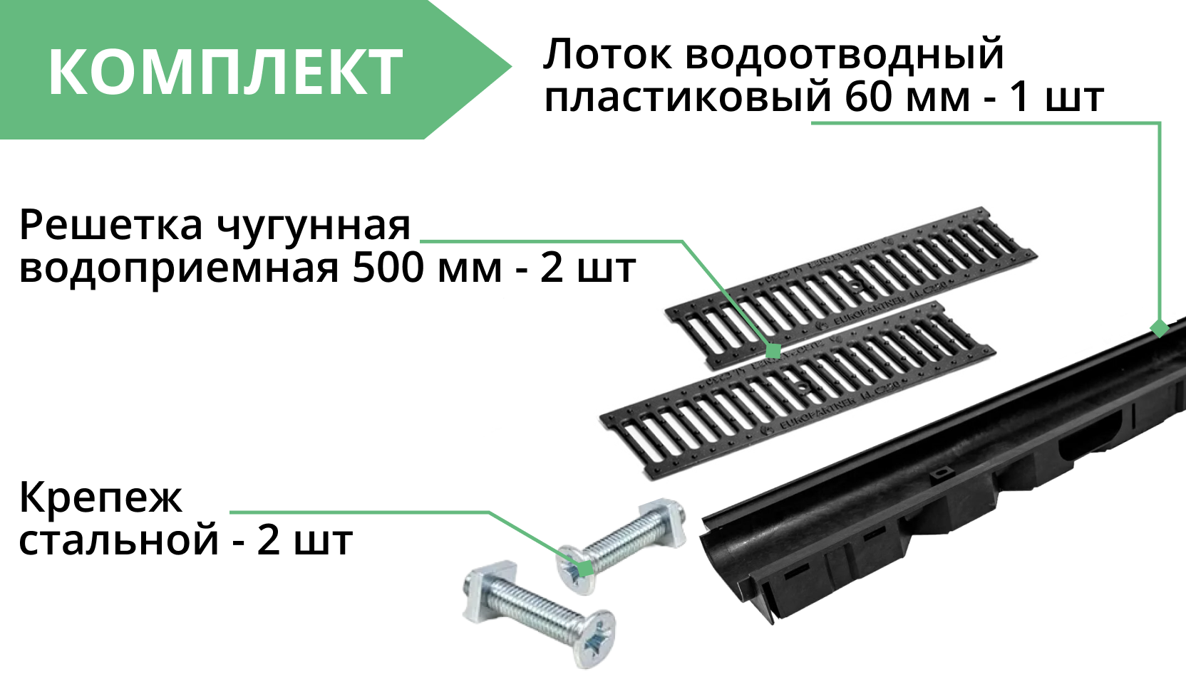 Комплект: Лоток Европартнер 60 мм с чугунными решетками 1 метр 3