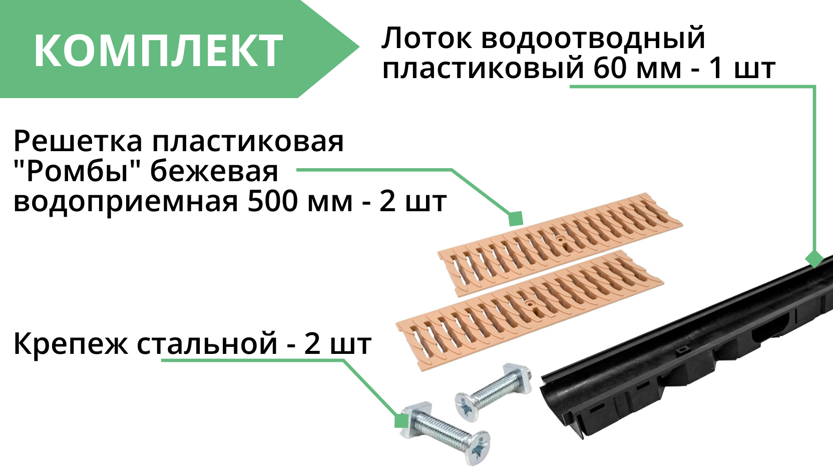 Комплект: Лоток Европартнер 60 мм с пластиковыми решетками бежевыми "Ромбы" 1 метр 3