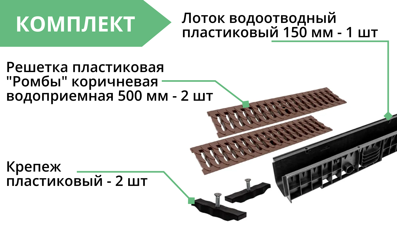Комплект: Лоток Европартнер 150 мм с пластиковыми решетками коричневыми "Ромбы" 1 метр 3