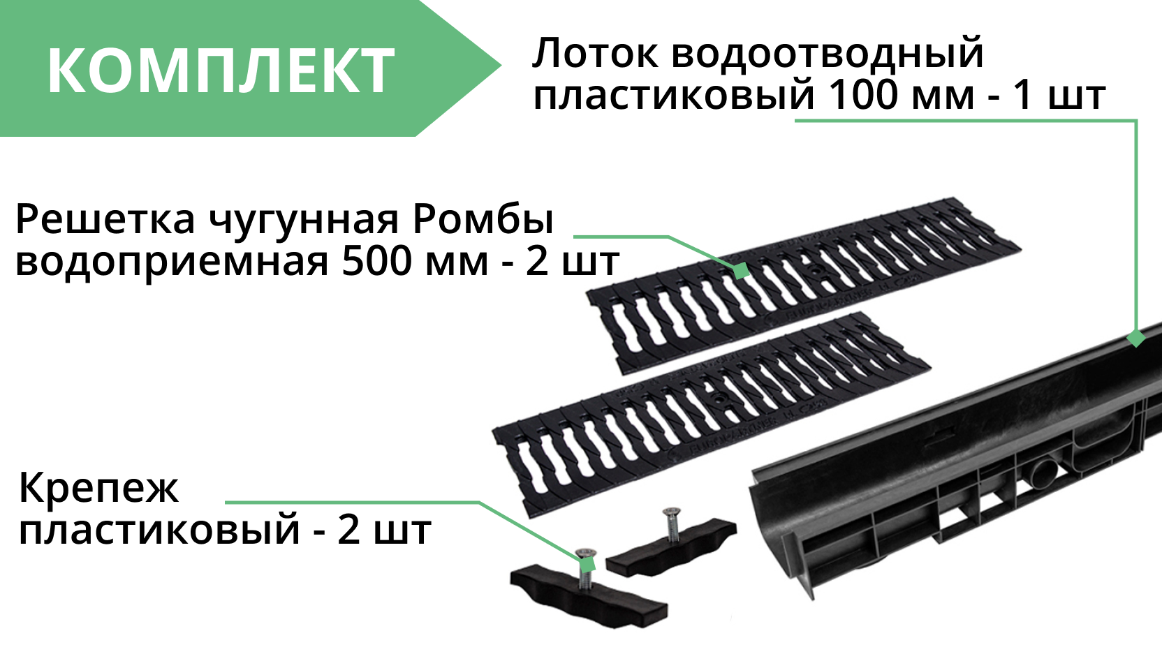 Комплект: Лоток Европартнер 100 мм с чугунными решетками "Ромбы" 1 метр 3