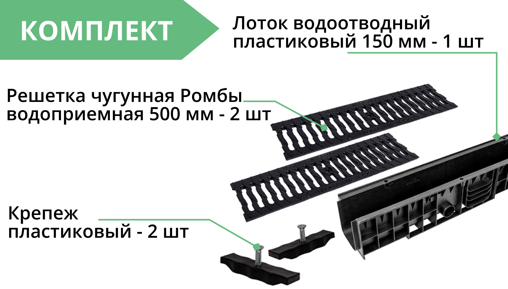 Комплект: Лоток Европартнер 150 мм с чугунными решетками "Ромбы" 1 метр 3
